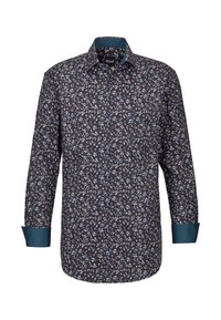 Camicia a maniche lunghe di colore blu navy con motivo floreale blu e bianco, collo interno e polsini color teal, con chiusura a bottoni.