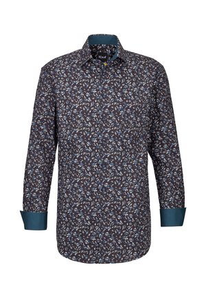 Langärmliges navy Shirt mit blau-weißer Blumenmuster, türkisfarbenem Innenkragen und -manschetten, Knopfleiste.