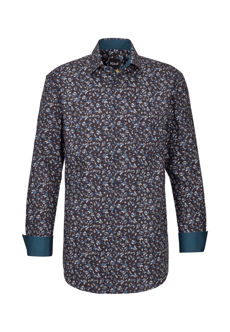 Camicia a maniche lunghe di colore blu navy con motivo floreale blu e bianco, collo interno e polsini color teal, con chiusura a bottoni.