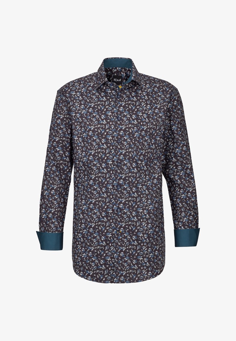Camicia a maniche lunghe di colore blu navy con motivo floreale blu e bianco, collo interno e polsini color teal, con chiusura a bottoni.