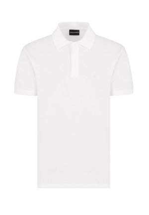 Polo shirt bianco a maniche corte realizzato in tessuto a maglia, con colletto classico, bottoni sulla parte anteriore e un piccolo logo ricamato sul petto.