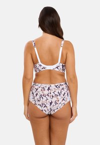 Bikini set with a floral pattern in purple and peach tones, featuring adjustable white straps, lace accents, and high-waisted bottoms.