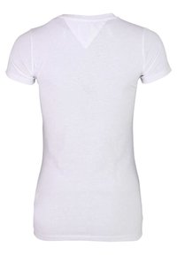Fitted white cotton t-shirt with short sleeves, round neckline, smooth texture, and a small triangular detail at the upper back.
