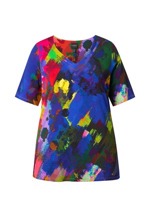 Monivärinen V-kaula-aukkoinen T-paita, jossa on elävä abstrakti kuvio sinisen, vihreän, keltaisen, vaaleanpunaisen ja punaisen sävyissä. Lyhyet hihat, löysä istuvuus.