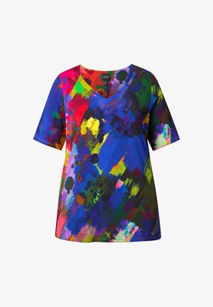 Mehrfarbiges V-Ausschnitt-T-Shirt mit einem lebendigen abstrakten Muster in Blau, Grün, Gelb, Pink und Rot. Kurze Ärmel, lockere Passform.