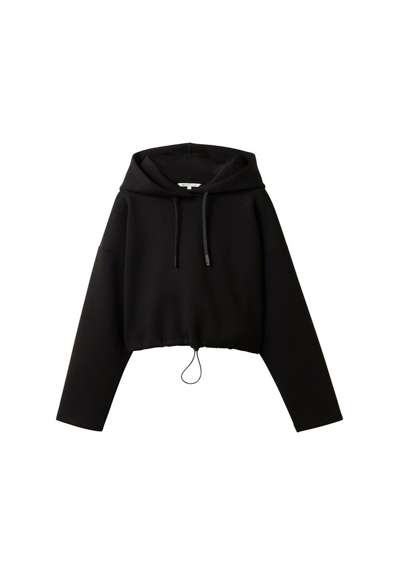 Schwarzer, kurzer Hoodie mit langen Ärmeln. Hergestellt aus strukturiertem Stoff, verfügt über eine Kapuze mit Kordelzug und einen gerafften Saum mit verstellbaren Bindebändern.