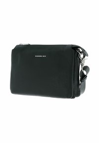 Sac bandoulière en cuir noir texturé avec fermeture éclair argentée, bandoulière réglable et logo "MANDARINA DUCK" à l'avant.