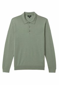 Cămașă polo cu mânecă lungă, dintr-un material moale de culoare verde deschis. Are un guler și trei nasturi la gât. Design simplu, fără modele.