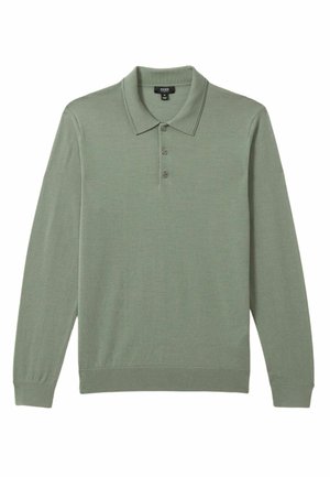 Cămașă polo cu mânecă lungă, dintr-un material moale de culoare verde deschis. Are un guler și trei nasturi la gât. Design simplu, fără modele.