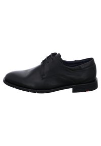 Schwarze Lederhalbschuh mit glatter Oberfläche, runder Zehenpartie und Schnürdesign. Mit leichtem Absatz und strukturiertem Gummisohle.