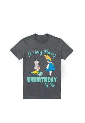 Kohlrabengraues T-Shirt mit bunten Comicfiguren und dem Text "Ein sehr fröhlicher UNGEBORENEN TAG für mich" in verspielten Schriftarten.