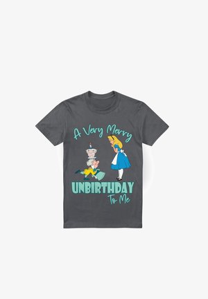 Charcoal gray t-shirt featuring colorful cartoon characters and text saying "A Very Merry UNBIRTHDAY To Me" in playful fonts.