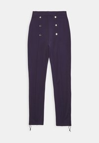 Purple fitted pants with a high waist, featuring five silver buttons along the front, two side pockets, and adjustable ankle ties.