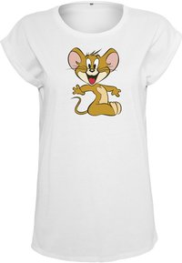T-shirt en coton blanc avec des manches retroussées présentant un graphique de souris cartoon en marron, rose et beige sur le devant.