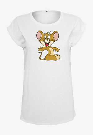 Hvid bomulds t-shirt med opfoldede ærmer, prydet med en tegneserie-mus grafik i brun, pink og beige på forsiden.