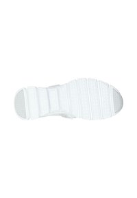 Suela de zapato deportivo blanca con una superficie texturizada, que presenta patrones hexagonales y segmentos acanalados para tracción y flexibilidad.