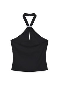 Top nero a collo halter con texture a coste, dotato di un dettaglio con taglio e di un accento argentato all'escote. Tessuto morbido.