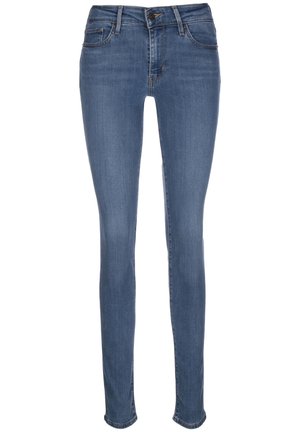 Blå slim-fit jeans med forlommer, bæltestropper og knaplukning, vist fladt mod en hvid baggrund.