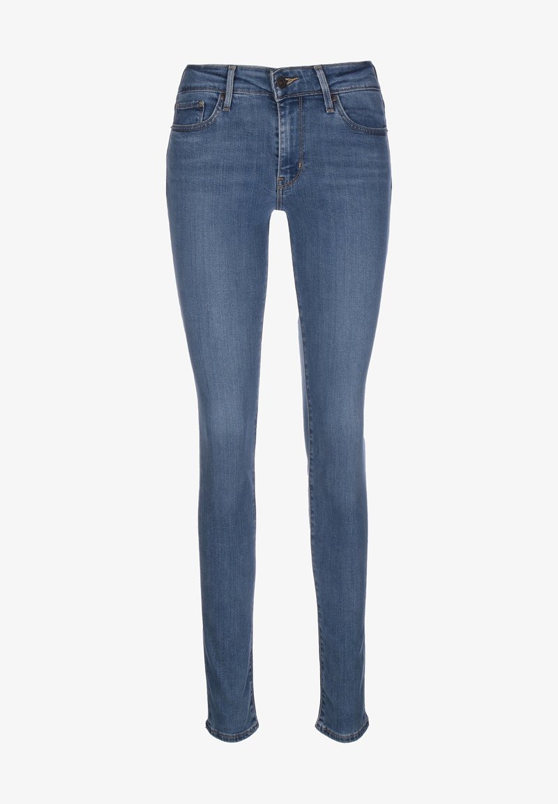 Jean slim bleu avec poches avant, passants de ceinture et fermeture par bouton, présenté à plat sur fond blanc.