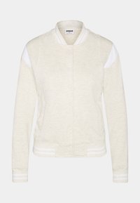 Jasnokremowy sweatshirt z białymi paskami na rękawach, zapięcie na napy, ściągacze na rękawach i dole oraz fakturowany materiał.