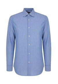 Niebieska i biała w paski długa koszula z długim rękawem, z kołnierzykiem zapinanym na guziki, z przednimi guzikami, wykonana z lekkiego materiału o gładkiej fakturze.