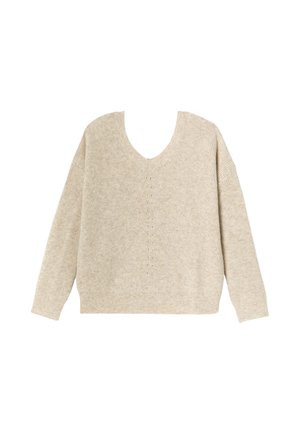 Pull beige en maille à manches longues et col en V, présentant une texture côtelée et un détail subtil de points verticaux à l'avant.