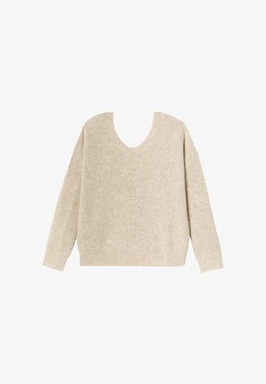 Pull beige en maille à manches longues et col en V, présentant une texture côtelée et un détail subtil de points verticaux à l'avant.