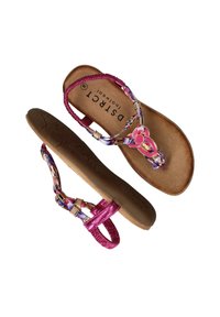 Paarse en roze sandaaltjes met bandjes en decoratieve bloemaccenten, voorzien van een gestructureerde bruine zool en details in goudkleurige hardware.