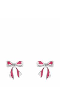 Orecchini a forma di arco in argento con dettagli in smalto rosa e una piccola pietra preziosa trasparente al centro di ciascun arco.