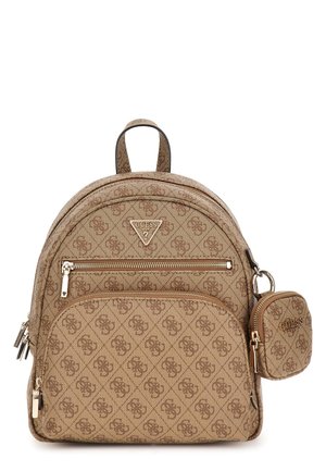 Tansfarbene Kunstleder-Rucksack mit einem Diamanten-Logomuster, ausgestattet mit einer vorderen Reißverschlusstasche, runder Form und einem abnehmbaren kleinen Beutel.