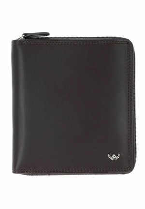Black leather zip-around wallet with visible stitching and a small silver emblem in the bottom right corner.
