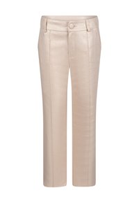 Pantaloni beige su misura con una superficie liscia e lucida, dotati di due tasche frontali, chiusura a bottoni e gambe dritte con pieghe pressate.