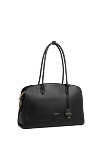 Sac à main Lancaster Paris en cuir noir avec doubles poignées, fermeture éclair dorée et petit détail de verrou sur le côté.