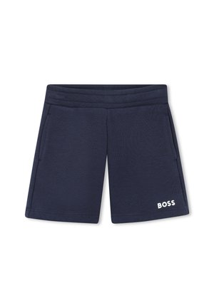 Shorts en coton bleu marine avec une taille élastique, deux poches latérales et le logo blanc "BOSS" sur le bas de la jambe gauche.
