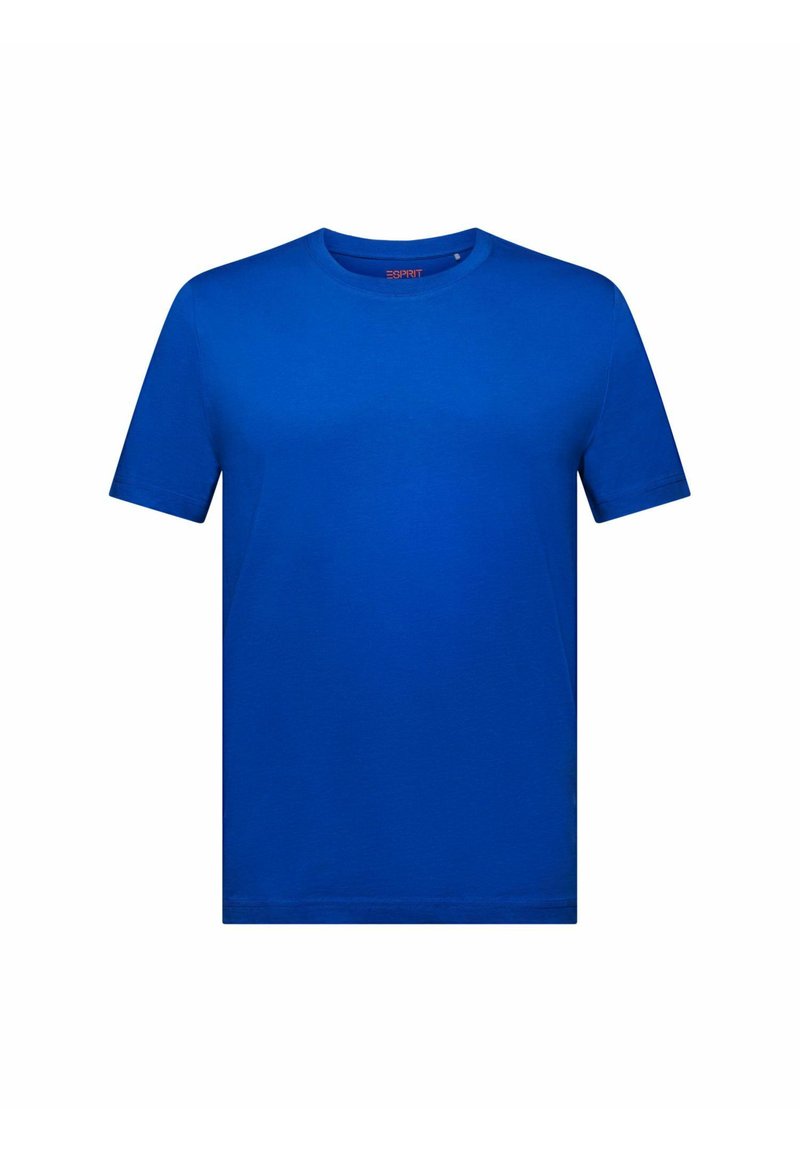 Ein schlichter, kurzärmeliger, blaues T-Shirt mit Rundhalsausschnitt und Esprit-Logo innen am Kragen auf weißem Hintergrund.