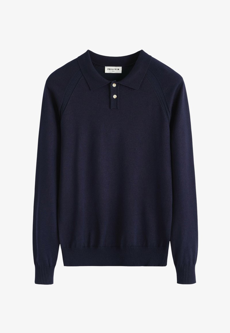 Pull polo manches longues bleu marine avec col classique, patte de trois boutons, poignets et ourlet côtelés ; texture tricotée douce.