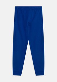 Blue cotton sweatpants with an elastic waistband, tapered cuffs, and side pockets. Smooth texture and simple design.