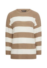 Beige och vit randig tröja med rund hals, något lös passform och strukturerad stickad mönster med långa ärmar.