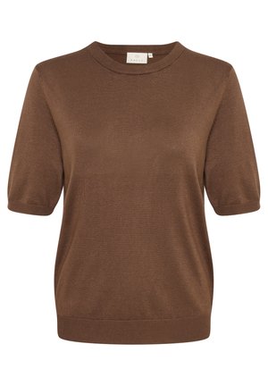 Barna, rövid ujjú pulóver, kerek nyakkivágással, könnyű kötött anyagból készült, laza szabással és bordázott szegéllyel.