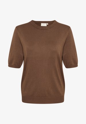 Pull brown cu mânecă scurtă, cu decolteu rotund, realizat dintr-un material tricotat ușor, având o croială lejeră și tiv cu nervuri.