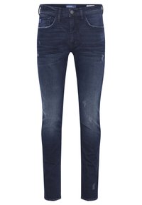 Dark blue skinny jeans made of denim, featuring distressed detailing, five pockets, and a classic button and zipper fly closure.
