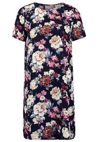Květinové šaty v tmavě námořnické barvě s krátkým rukávem, kulatým výstřihem a různými velkými barevnými květinami v barvě krémové, růžové a burgundské.
