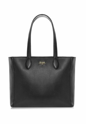 Czarna skórzana torba tote z dwoma uchwytami, gładka tekstura, minimalny design oraz złote akcenty z logo marki.