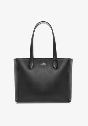 Czarna skórzana torba tote z dwoma uchwytami, gładka tekstura, minimalny design oraz złote akcenty z logo marki.