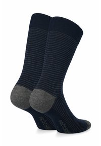 Skarpetki w granatowe paski z ryflowanym wzorem oraz szarymi akcentami na pięcie i palcach, wykonane z miękkiego materiału dla wygody.