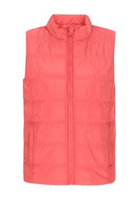 Korallfarbener Puffer-Weste mit hohem Kragen, Reißverschluss vorne und horizontalem Steppmuster. Hergestellt aus leichtem, glänzendem Material.