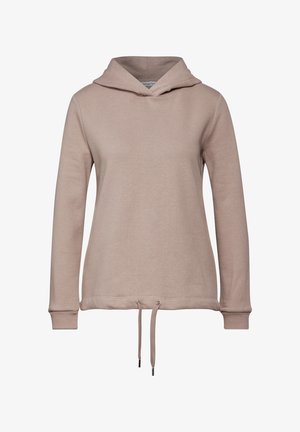 Beige huppari, joka on valmistettu pehmeästä kankaasta. Siinä on pitkät hihat, rento istuvuus, nyöri helmassa ja yksinkertainen, saumatон muotoilu.