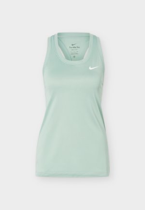 Canotta sportiva senza maniche Nike verde chiaro con logo swoosh bianco sul petto e design a racerback.