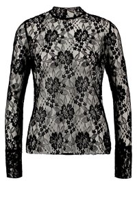 Top lungo a maniche nere in pizzo con un motivo floreale, collo alto e una texture trasparente con polsini solidi.