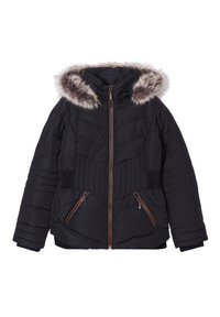 Schwarze gepolsterte Winterjacke mit abnehmbarer, fellgefütterter Kapuze, Reißverschluss auf der Vorderseite, elastischen Seitenpaneelen und zwei mit Reißverschluss versehenen Taschen.